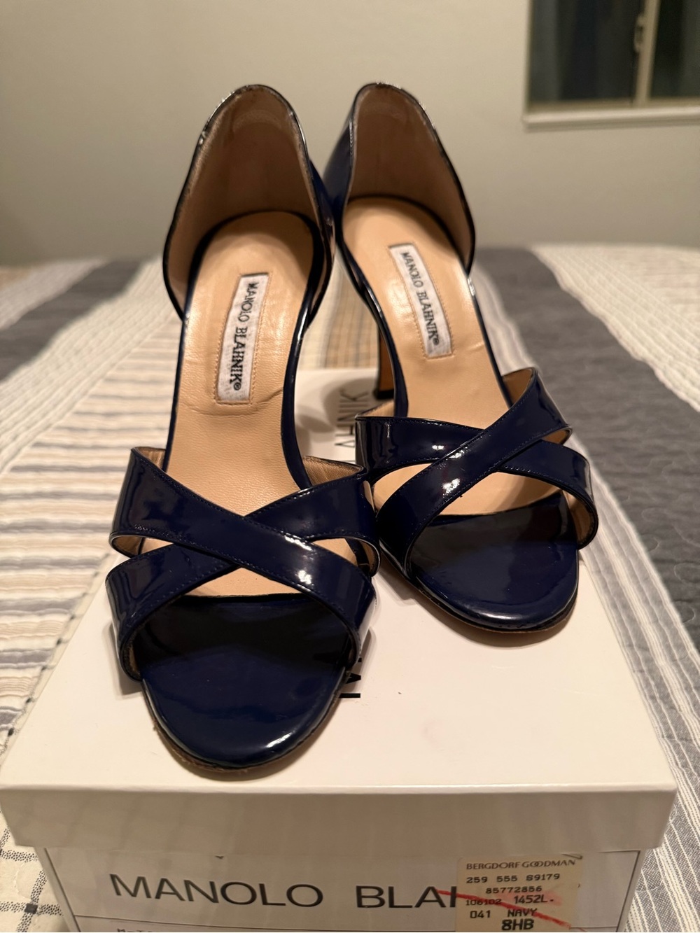 Manolo Blahnik Navy Patent Leather Crisscross D'Orsay Pumps